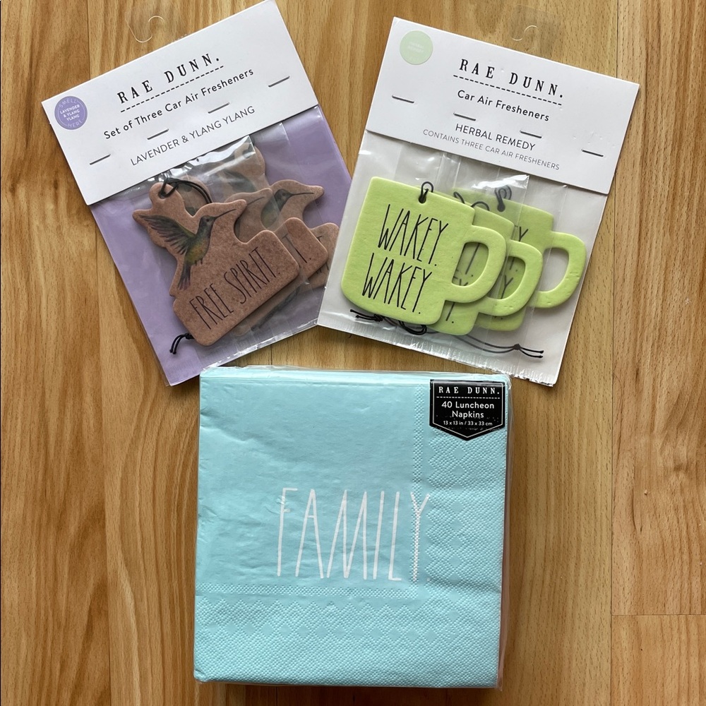 3pc LOT •RAE DUNN• Air freshener sets & napkin pack >> family/free spirit/wakey
